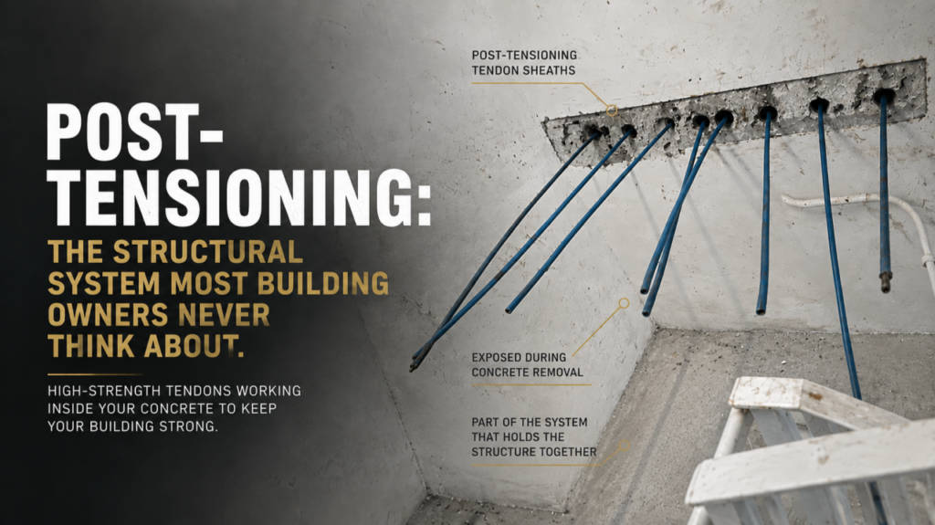 Post-tensioning structural system in a concrete building