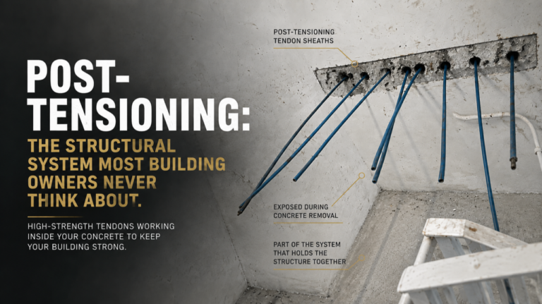 Post-tensioning structural system in a concrete building